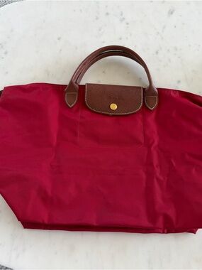 Longchamp M Red Nylon Tote with Brown Leather Trim